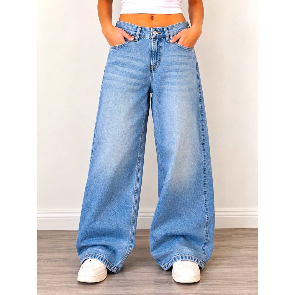 Hollister Womens Low Rise Super Baggy Wide Leg Relaxed Light Wash Blue Jeans 27S